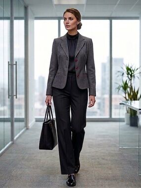 SAVAGE Black Herringbone Blazer with Red Contrast Piping & Pleated Back - XS